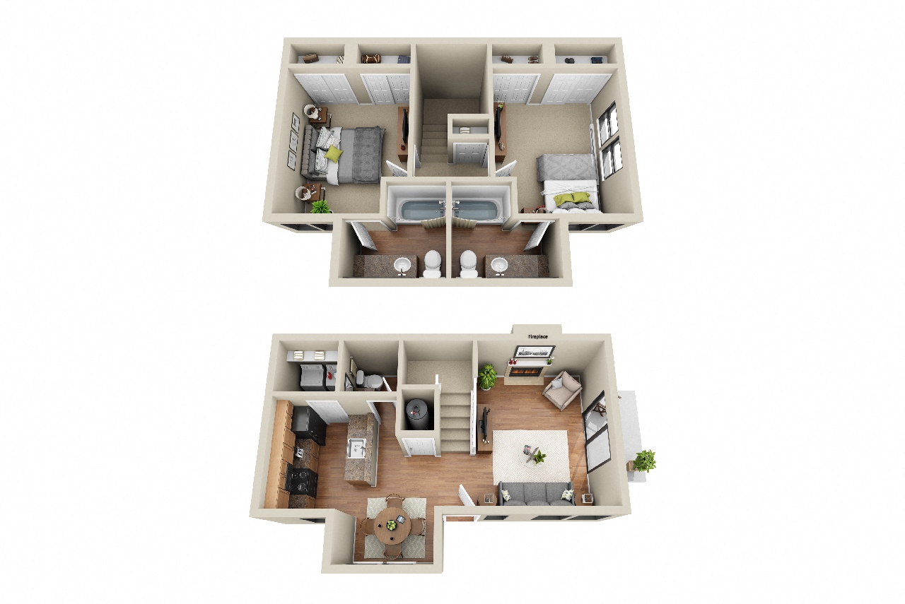Floor plan for 2 beds, 2.5 baths, 1027 sqft